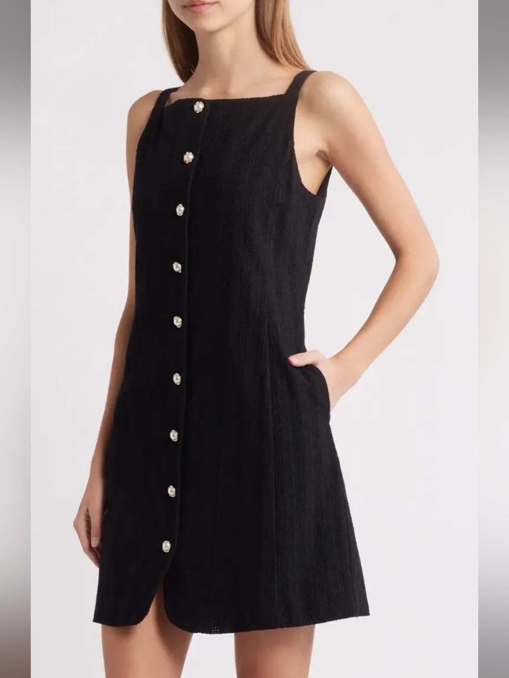 Charles Henry Black Sleeveless Midi Dress with Pearl Buttons